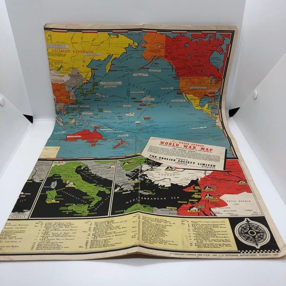 Vintage Stanley Turner New Dated Events WWII Map The Grolier Society Ltd. pub. - Picture 1 of 14